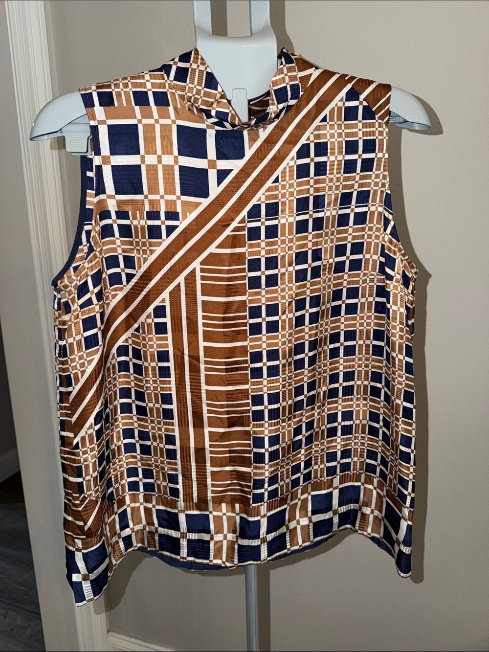 Lafayette 148 New York Navy and Brown Geometric Plaid-Stripe Sleeveless Shell